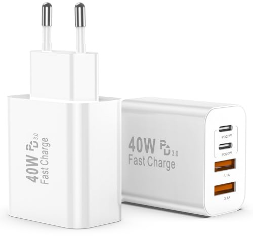 USB C Ladegerät, 40W Multiport Schnellladeblock with 4 Ports - 2 x USB-C and 2 x USB-A, Mehrfach-Wandladeadapter für iPhone 17/16/15/14/13/12/11 Pro Max XS XR 8, iPad, Samsung, 2er-Pack (White)