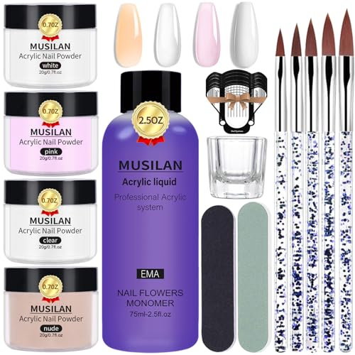 MUSILAN Acryl Liquid und Pulver Set, 75ml Acrylflüssigkeit für Nägel mit 4 Farben Acrylpulver Acryl Pinsel Nagelformen Crystal Cup Nail File, Acrylnagel Set für Anfänger Nagelexperten DIY Nail Design