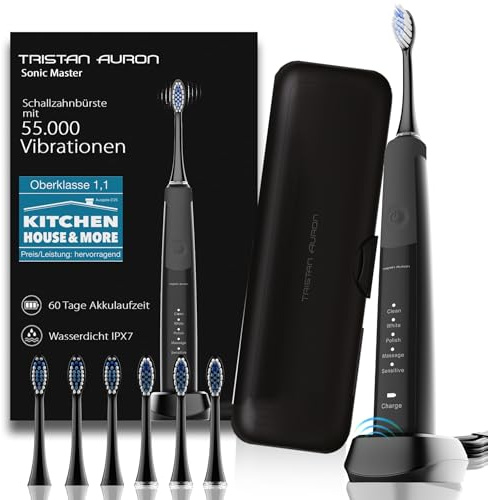 Tristan Auron Schallzahnbürste – elektrische Reisezahnbürste 2025-100 Tage risikofrei testen - 55.000 VPM & 5 Modi – 60 Tage Akku – inkl. Reiseetui & 6 Aufsteckbürsten Sonic Master (Schwarz)