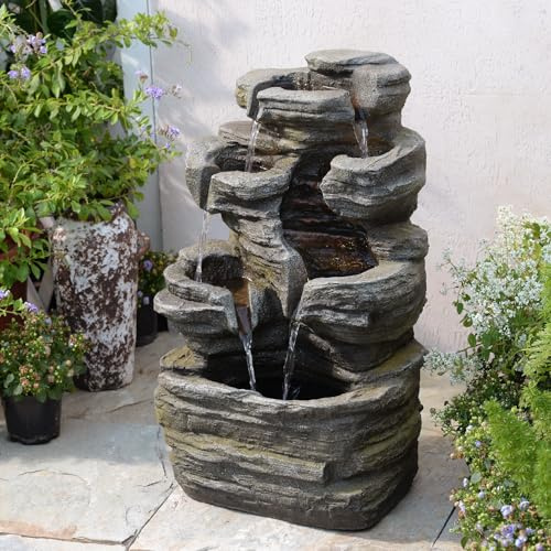Bumilgar 6-stufiger Kaskadenbrunnen mit LED-Beleuchtung, inkl.Pumpe 62 cm hoch,Steingrau für Terrasse, Balkon,Vorgarten Natursteinoptik-Wasserfall,Außendeko