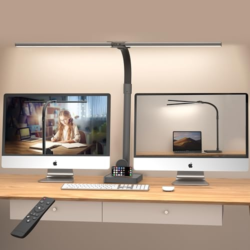 LOTTBUTY Doppelkopf Schreibtischlampe LED dimmbar,24W 80CM Homeoffice Tageslichtlampe Schreibtisch Lampe, Schwanenhals Büro Tischlampe schwarz, Augenschutz Monitorlampe,5 Farbmodi