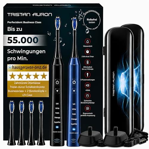 Tristan Auron Schallzahnbürste Doppelpack 55000 VPM + UV Case - 60 Tage Akku - 5 Putzmodi - IPX7 Wasserdicht - Ladegerät für elektrische Zahnbürste (schwarz/blau)