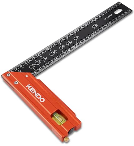 KENDO Anschlagwinkel 300 mm Aluminium, Präzisionswinkel mit mm-Skala, Schreinerwinkel Streichmaß 30cm mit Wasserwaage & Anreißnadel, Winkelmesser für Holz & Metallbearbeitung, robust & leicht