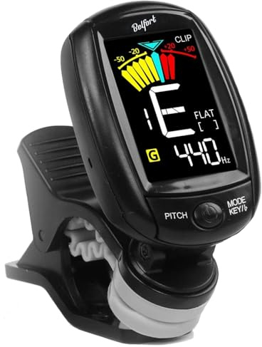 BELFORT TuneMax Clip-On-Stimmgerät für Gitarre, Ukulele, Bass & mehr | Universalmodus & chromatischer Modus für alle Instrumente inkl. Violine & Saz + eBook – präzises Gitarren-Stimmgerät