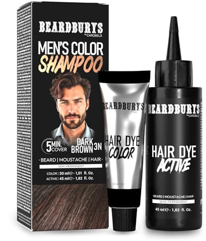 Beardburys Shampoo Color 3N Dunkelbraun, für Bart und Schnurrbart, Grauabdeckung, ohne Ammoniak und Parabene, 87 % natürlich, schnelle Anwendung in 5 Minuten, 75 ml