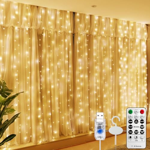 HXWEIYE 300LED Lichtervorhang 3mx3m USB, Fernbedienung, 8 Modi & Timer