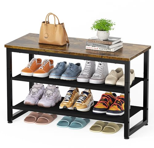 HOMIDEC Schuhregal mit 3 Ebenen, Schuhbank mit Holzplatte, Schuhregal mit Sitzbank, Regal Vliesstoff, für Eingangsbereich, Flur, Wohnzimmer, Tragkraft 150KG, Vintage
