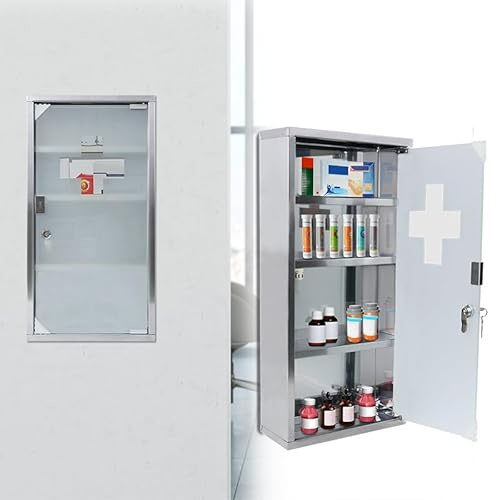 YUENFONG 4 Fächer Medizinschrank aus Edelstahl, Arzneischrank Abschließbar Apothekerschrank mit Glas Tür - Einlegeboden, Medikamentenschrank mit 2 Schlüsseln, 30 x 12 x 57.5 cm