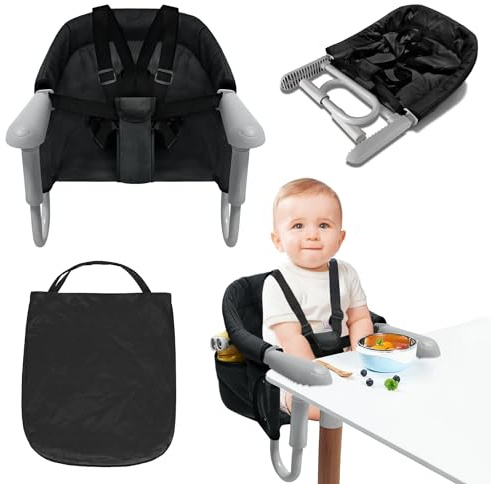 Froadp Faltbar Tischsitz Baby mit Aufbewahrungstasche und Sicheren Befestigungslaschen für Kleinkind Babysitz Kindersitz Hochstuhl mit Verstellbaren Befestigungsstangen für Hause Reisen, Schwarz