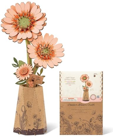 ROBOTIME 3D Holz Blumen Puzzle Hellorange Gerbera, Modellbausätze Für Erwachsene Zum Zusammenbauen, Künstliche Ewige Blüten, DIY Bastelset, Valentinstag, Muttertag Und Weihnachte