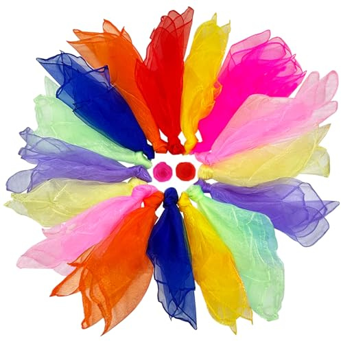 Druuzyl 18 Stück Square Jongliertücher Tanz Tücher Bunte Chiffontücher Bunte Tücher in 9 Farben 60x60cm Performance Schals für Party-Aktivitäten Zubehör Dekoration