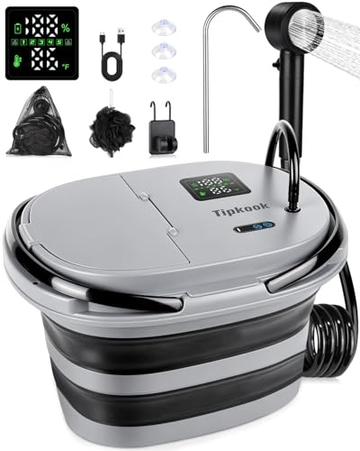 Tipkook Campingdusche Tragbare, [13000mAh] Camping Dusche | Integrierte Campingdusche Pumpe mit 20L Klappbarer Eimer, Camping Dusche mit Pumpe für Garten, Reisen, Haustierwäsch, Strand