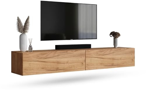 Planetmöbel West TV-Schrank, Fernsehtisch 200 cm lang, TV-Board | für Fernseher bis 55 Zoll, TV Board viel Stauraum, lowboard hängend, 2x Fernsehschrank 100 x 30 x 37,5 cm, gold eiche