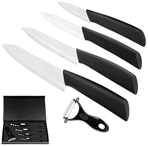 Ballery Keramikmesser Set, Professionelle Küchenmesser aus keramisch 4-teilig Messer (6 Zoll Chefmesser, 5 Zoll Mehrfunktionalmesser, 4 Zoll Obstmesser, 3 Zoll Obstmesser) und 1 Sparschäler – Weiß