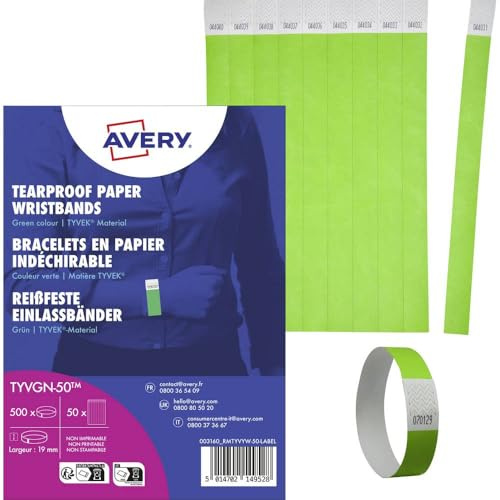 AVERY Zweckform TYVGN-50 Einlassbänder Tyvek 500 Stück (256x19mm, fortlaufend nummeriert, reiß- und wasserfest, sicherer Klebeverschluss, Eintrittsbänder, Event Armbänder, Securebänder) neongrün