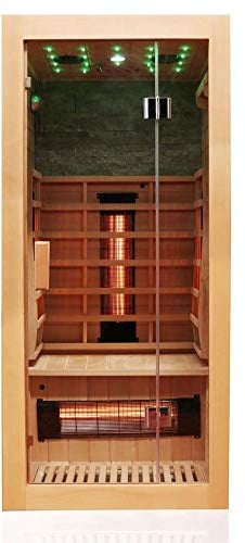 Dewello® Infrarotkabine Infrarotsauna MILTON 90x90 für 1 Personen aus Hemlock Holz mit Vollspektrumstrahler, LED-Farblicht Sternenhimmel und Steinwand, Bluetooth, FM,MP3,USB