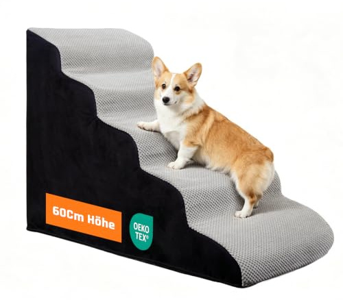 Hundetreppe für Kleine Hunde, 5 Stufen Haustiertreppe für Bett & Sofa | Hundetreppe Boxspringbett 60 cm Hoch, Hochdichter Schaumstoff, Rutschfest, Waschbarer Bezug, Für Hunde & Katzen, Grau
