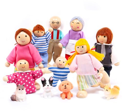 Homethrive Puppenhaus Puppen 13 Stück Puppenhaus Figuren Familie mit Katze und Hund Biegepuppen Set für Puppenhau Zubehör Spiel Haus Geschenk Holz