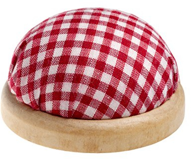 Faden & Nadel Rundes Nadelkissen mit Heller Holzumrandung, Farbe: rot & weiß kariert