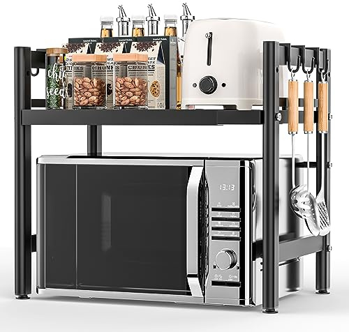 Glovios Erweiterbares Mikrowellen Regal Stehend Mikrowellenregal für Küche Organizer Mikrowellenständer Küchenregal Arbeitsplatte Bäckerregal Mikrowellenhalter mit 6 Haken (Schwarz)