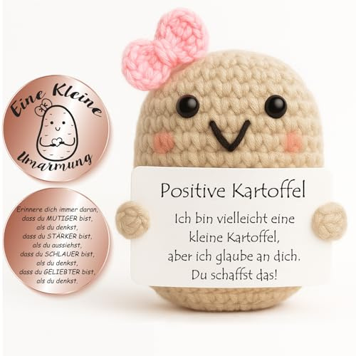 Tixlux Pocket Hug Positive Kartoffel Figur, Handgefertigte Strickwolle Mini Kartoffel Dekorationsfigur mit Glücksbringer (Roségold), Mutmacher Geschenk, Gute Besserung, Einschulung