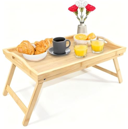 Betttablett klappbar groß Bambus Frühstückstablett fürs Bett Serviertablett mit Beinen Tablett Essenstablett