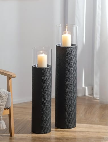 Sziqiqi Windlichtsäule Groß Schwarz mit Glas: 85/70 cm Kerzenständer Boden Hoch für Stumpenkerzen - Laternen Kerzenhalter Metall 2er Set für Draußen Garten Wohnzimmer Terrasse Haustür