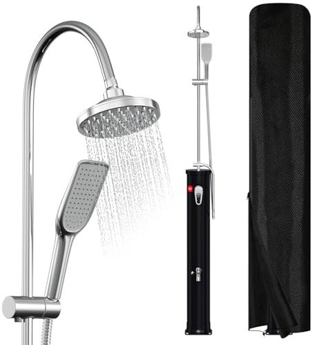 Joparri Solardusche 20 Liter – halbe Säule mit Wasserhahn in Schwarz – Handbrause, Schutzabdeckung & Wasserablass inklusive – Garten- und Campingdusche ohne Strom