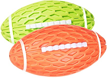 AUSCAT 2Stk. Hundespielzeug Quietschend, 14cm Kauspielzeug Hund für Mittlere & Große Hunde, Hundeball aus Naturkautschuk, Rugby-Form, Grün und Orange