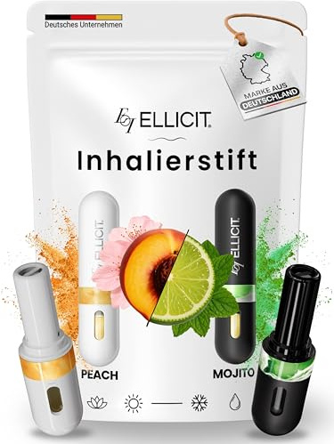 Ellicit Nasal Stick Inhalierstift 2er Pack Mojito & Peach Duft, Riechstift für die Nase mit ätherischen Ölen & Menthol, sofort spürbar erfrischend, langanhaltend, Ideal für den Alltag [nachfüllbar]