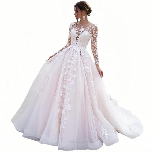 HUINI Damen Lang Brautkleid Hochzeitskleid Standesamt Boho Vintage Strand Brautmode Brautkleider mit Schleppe