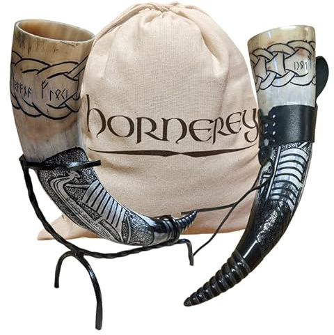 Hornerey Trinkhorn Set Floki's Horn mit Ständer und Gürtelhalter, 500 ml, Wikinger Trinkhorn Set mit Ständer und Gürtelhalter, Methorn, LARP, Horn