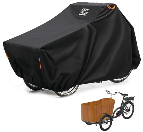 KEMIMOTO Lastenrad Abdeckung, 420D Oxford-Gewebe Fahrradabdeckung Wasserdicht, Extra Lange Dreirad-Abdeckung, Fahrradgarage mit UV-Schutz, Winddichte, Faltbare Lastenrad Abdeckplane
