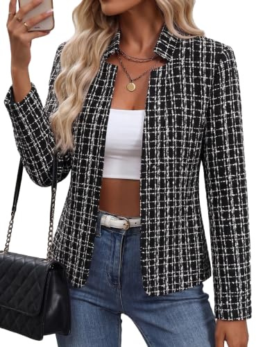 Mina Self Damenblazer für Sommer 2026 mit offener Vorderseite aus Tweed - Leichter, karierter Stehkragen, legere gefütterte, modische Jacke für Arbeit und Büro