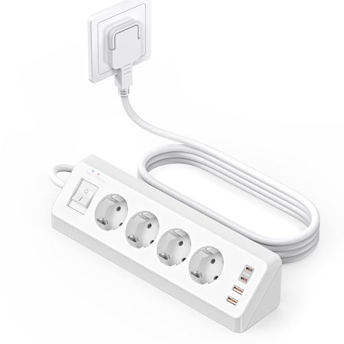 4 Fach Ecksteckdose Flachstecker mit USB C(PD 20W), SUDEERY 8 in 1 Steckdosenleiste 4 USB Mehrfachstecker mit Schalter, Steckdosenleiste Überspannungsschutz mit 2M Kabel für Küche (Weiß)