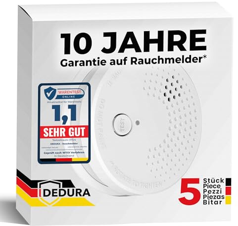 Rauchmelder 5er Set mit 10 Jahre Garantie BSI Zertifiziert nach DIN EN14604 inkl. 9V Batterie Rauchwarnmelder Brandmelder Feuermelder