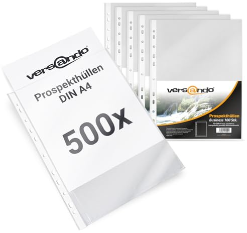 versando 500x A4 Prospekthüllen Business mit Heftrand Klarsichthüllen | genarbt transparent 60my (5x 100 Stück)
