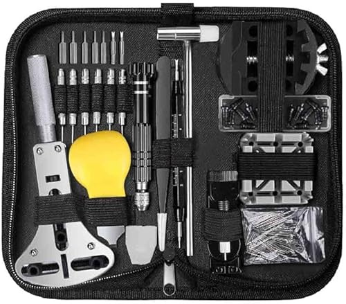 UEZNIRN Uhrenwerkzeug Set, Uhrmacherwerkzeug Set mit einstellbarem Gehäuseöffner, Stiftausdrücker, Schraubendreher und Armband-Werkzeug für Batteriewechsel und Reparaturen (Dunkelschwarz)
