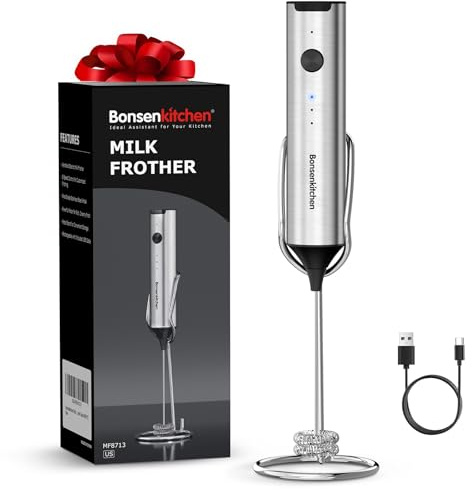Bonsenkitchen Wiederaufladbarer Handmilchaufschäumer mit Ständer, 3-Geschwindigkeiten elektrischer Milchaufschäumer, abnehmbarer Edelstahl-Mixer, geräuscharmes Design für Latte, Matcha, Küchengeschenk