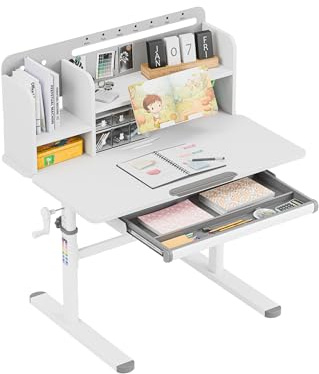 MARK ADLER Study 5.0 Kinderschreibtisch höhenverstellbar - ab 6 Jahren | Ergonomischer Kinderschreibtisch neigbar mit mitwachsender Funktion - Schublade & Buchstütze - 90x60 cm - Grau