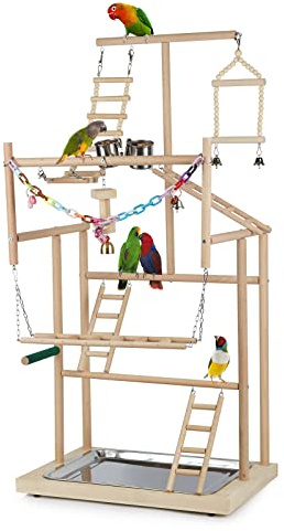 Ibnotuiy Haustier-Papageien-Spielplatz, Papageien, Vogelspielplatz, Vogel-Spielständer, Holzsitzstange, Fitnessstudio, Laufgitter, Leiter mit Futternapf, für Nymphensittiche, Sittiche (4 Schichten)