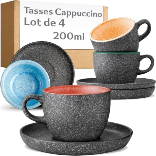 Cosumy Cappuccino Tassen mit Untertassen 4er Set - 200ml Kaffeetassen aus Keramik - 𝗗𝗶𝗰𝗸𝘄𝗮𝗻𝗱𝗶𝗴𝗲𝘀 Steingut - Handgefertigte Reaktiver Glasur Bunt - Hält Lange Warm