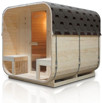 Artsauna Fasssauna Nolvik XXL, Outdoor-Sauna aus Fichtenholz, 8 kW Ofen, LED, Komplettset mit Sanduhr, Eimer & Thermometer, Winterfest, Cube Design