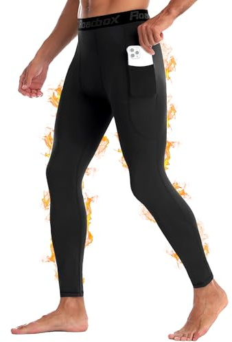 Roadbox Thermo Kompressionshose Herren, Fleece Sportleggings mit Taschen | Männer Tights, Thermounterhose, Atmungsaktiv Schnelltrocknend für Laufen, Fitness, Fußball, Ski, Radfahren, Wintertraining