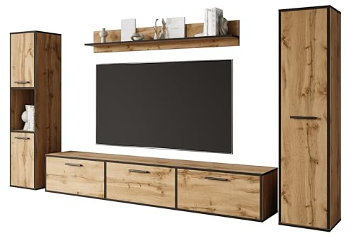 MINIO go for it - Wohnwand TOGA 4-teilig Set Wotan Eiche | Möbel Set TV Lowboard, 2x Hochschrank, Wandboard, Wohnzimmermöbel Komplett, Wohnzimmer Set - Farbe Wotan Eiche/Schwarz Farbe