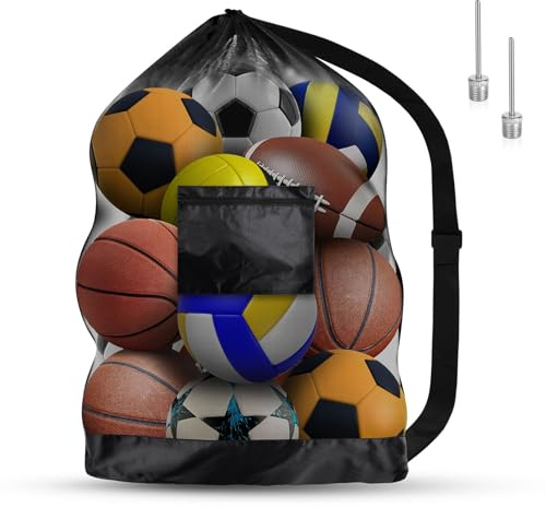 AMFUN Extra großes Ballnetz, Tragbare Netz-Tasche mit Kordelzug und Schultergurt für Fußball, Basketball, Volleyball und Rugby