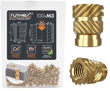 ruthex Gewindeeinsatz M3 – 100 Stk. RX-M3x5.7 BLEIFREIE Gewindebuchse aus Messing – stabile Einschmelzgewinde/Einpressmutter – Einschmelzen von Gewindehülse in 3D-Druck-Teile aus Kunststoff