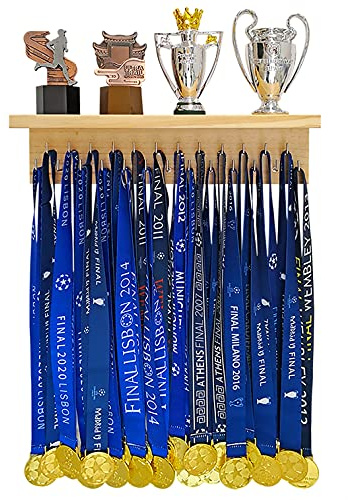 Medaillen-Aufhänger, Trophäenregal, Auszeichnungen, perfektes All-in-1-Holzregal mit 25 Stahlhaken. Stabiler Medaillenhalter für Gymnastik, Basketball, Baseball, Fußball, Ehren, Wandhalterung, einfach