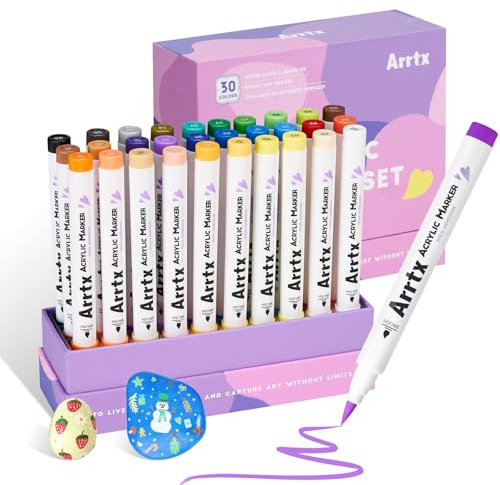 Arrtx Acrylstifte für Steine Bemalen, 30 Farben Wasserfeste Acrylstifte Marker Pinselspitze, Schnelltrocknender Acrylfarben Stifte für Osterei, Steine, Keramik, Glas, Holz, Leinwand, DIY Fotoalbum