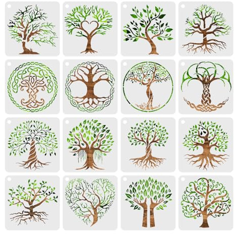 HLIWS Baumschablone-16 Stücke Malen von Baum des Lebens Schablone, für Wand | PET, 15 x 15 cm, weiß, Baummotiv, waschbar, wiederverwendbar, zum Selbermachen, zur Herstellung von Tagebüchern, Planern usw.
